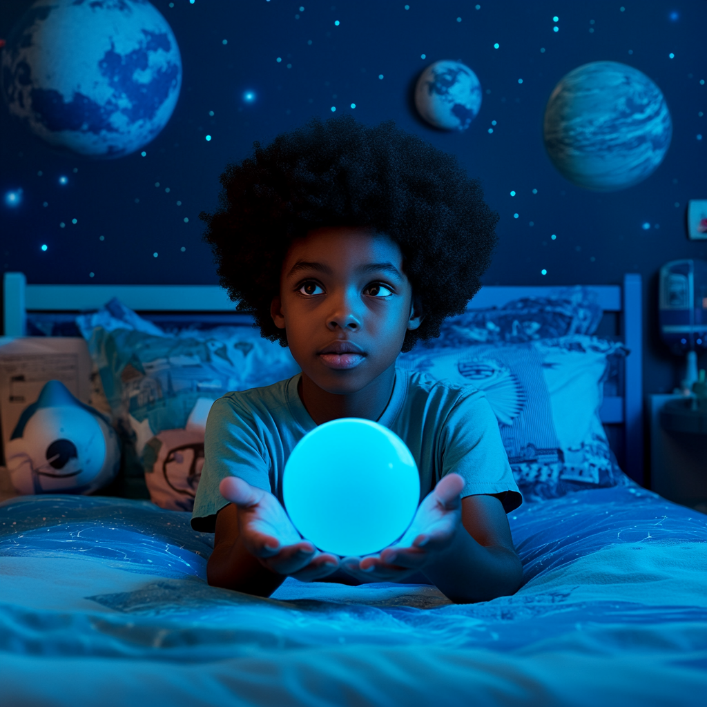 Boy's Cosmic Wonder: The Glowing Blue Orb