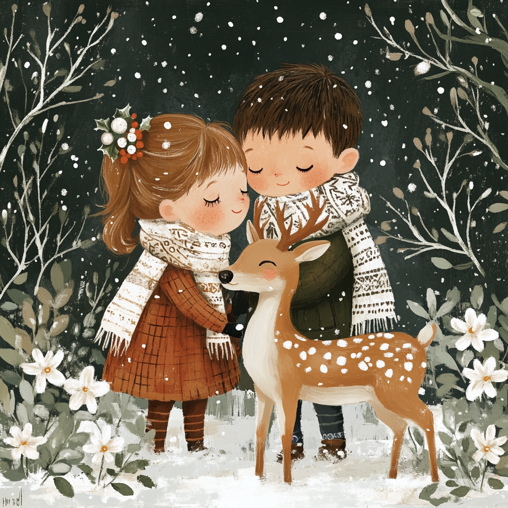 Boy, girl, deer, snow, greenery, flowers, scarves, Christmas, details.