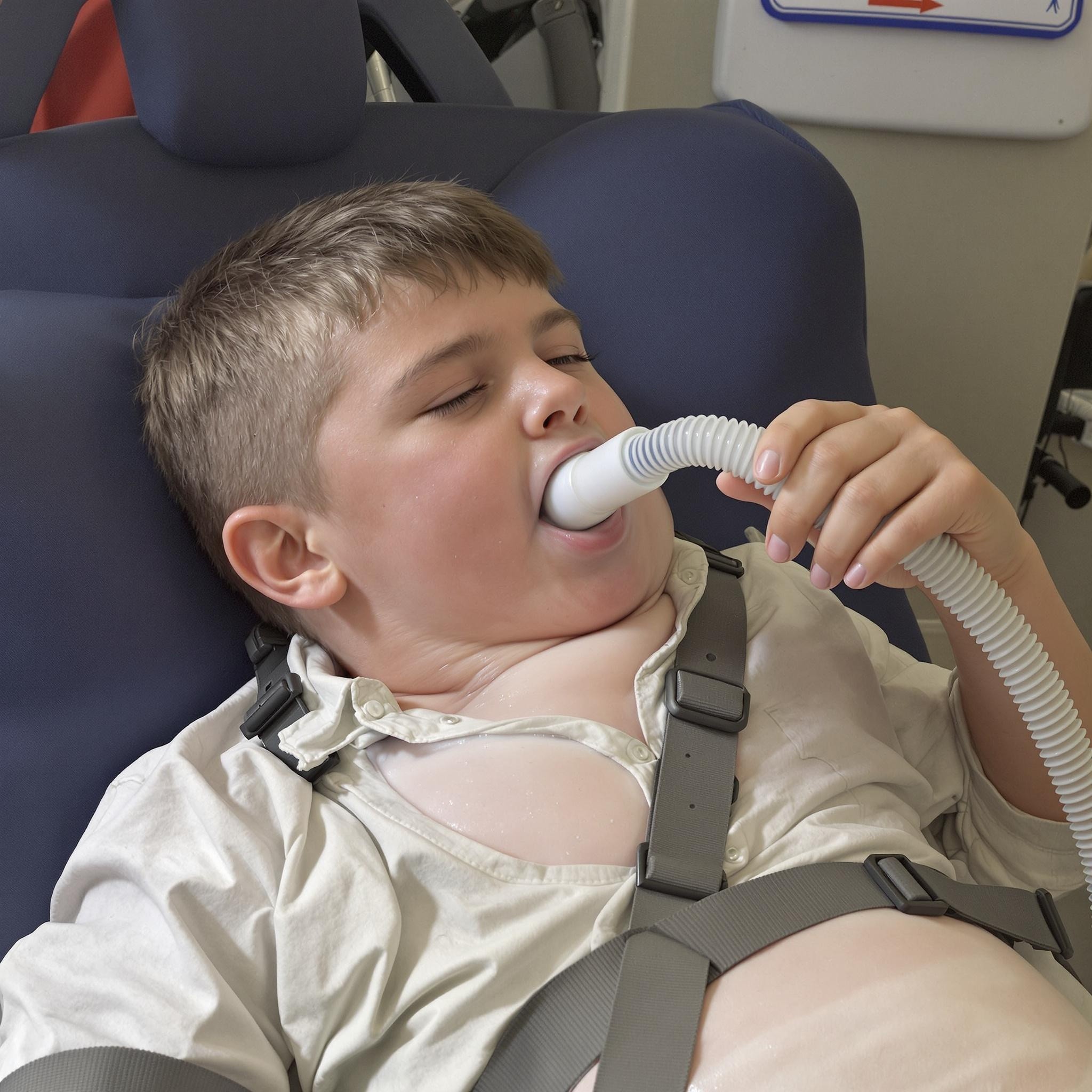 Boy Gulping Milkshake and Shirt Buttons Straining