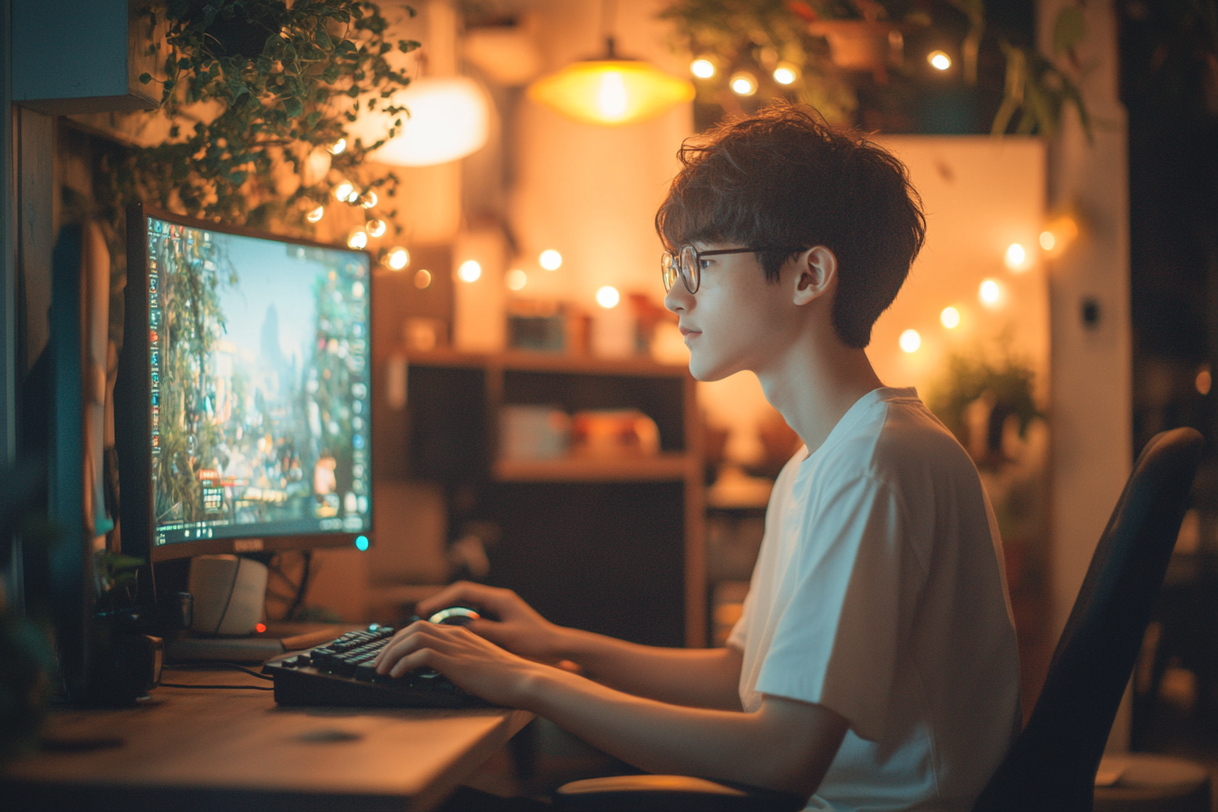 Boy Playing Computer Games in Cozy Room