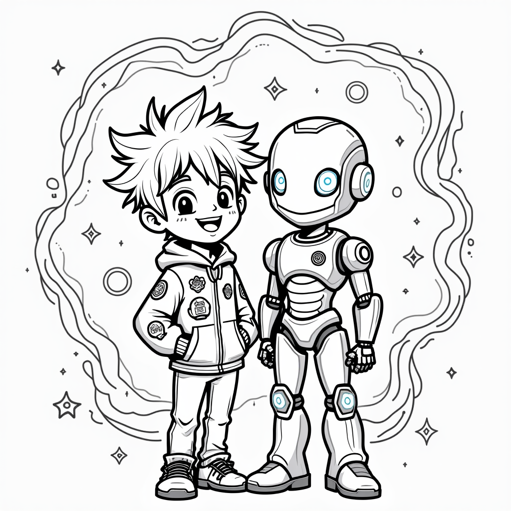 Boy and Futuristic Robot in Cosmic Setting
