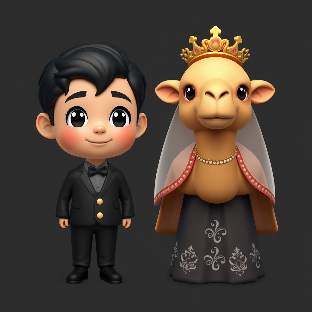 Boy and camel emoji wedding on black background.