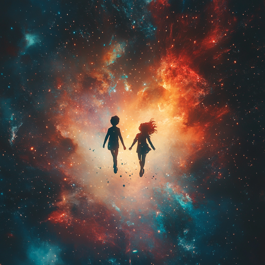 Boy and girl in space with cosmic fireflies