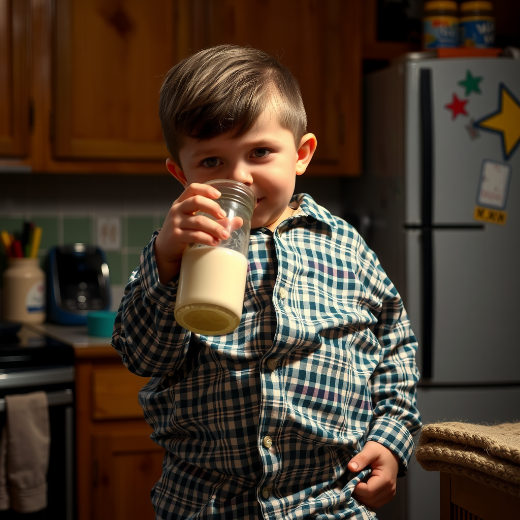 Boy in Pajamas Drinks Weight Gain Milk at Night
