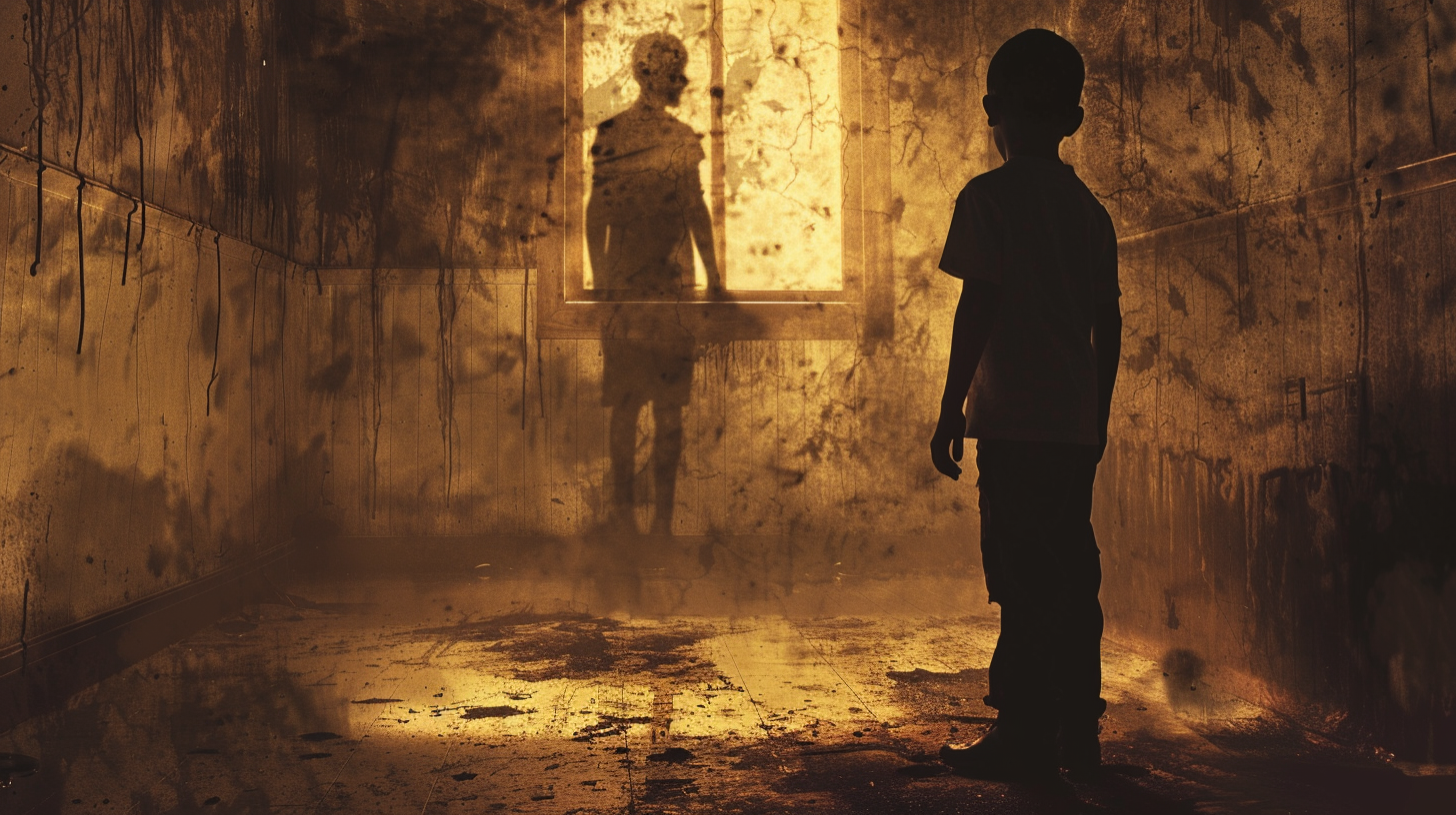 Boy in front of spooky scene with shadow figure