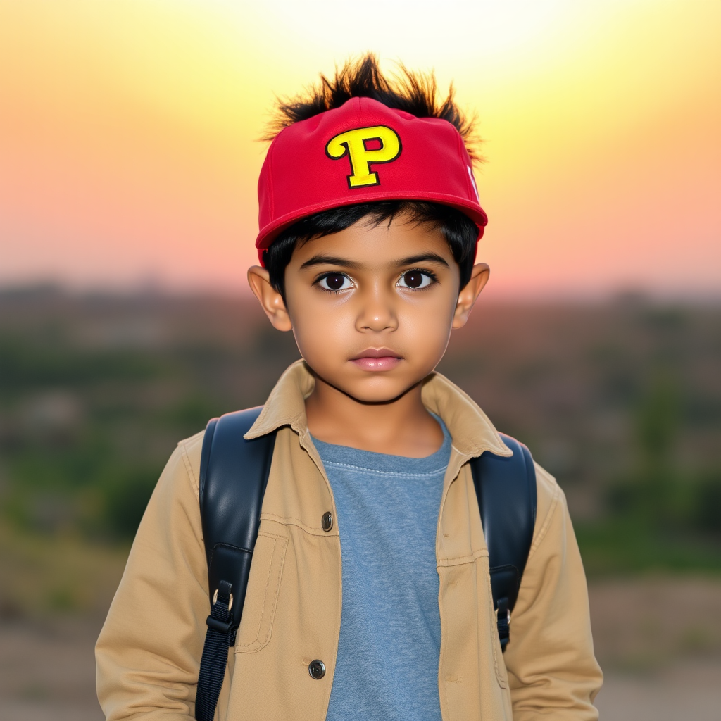 Boy in red cap and backpack at sunset.