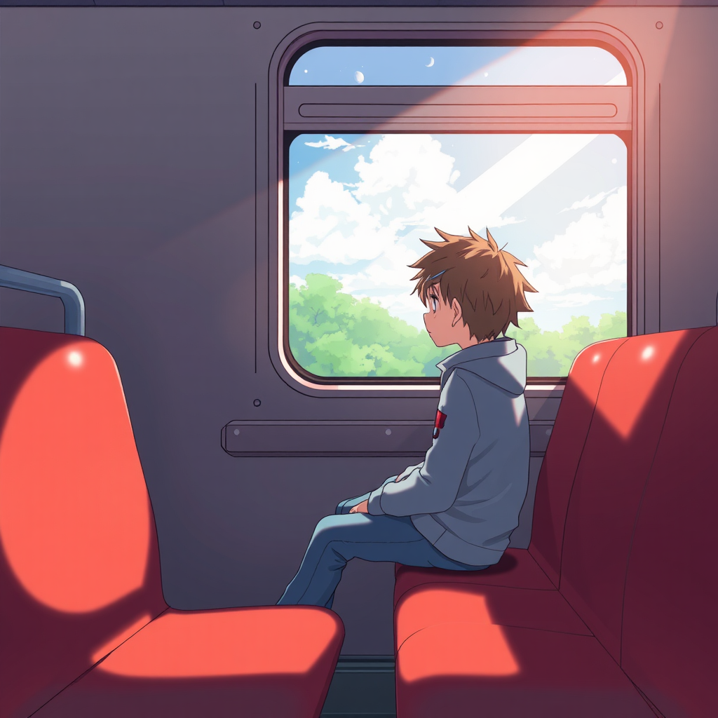 Boy in train, staring out window in anime.