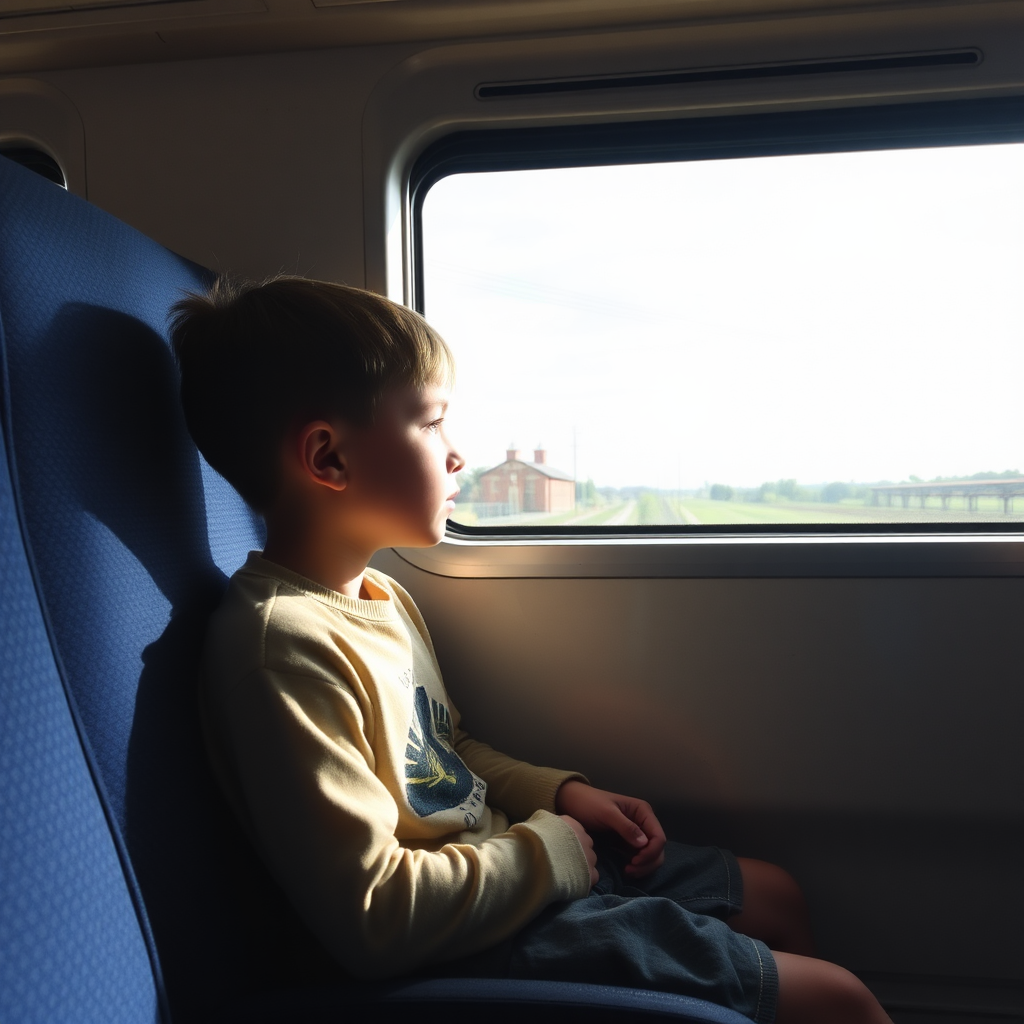 Boy in train looking out window.