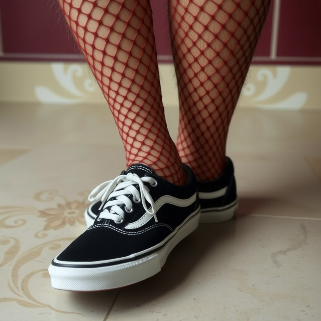 Boy wearing fishnet socks and Vans shoes.