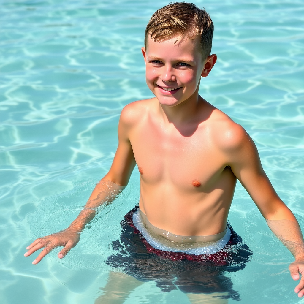 Boy wearing swim shorts at the beach.