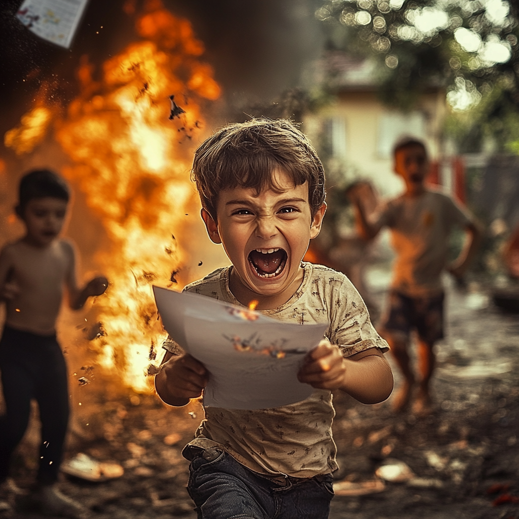 Boy with paper and pen staring, chaotic backyard scene.