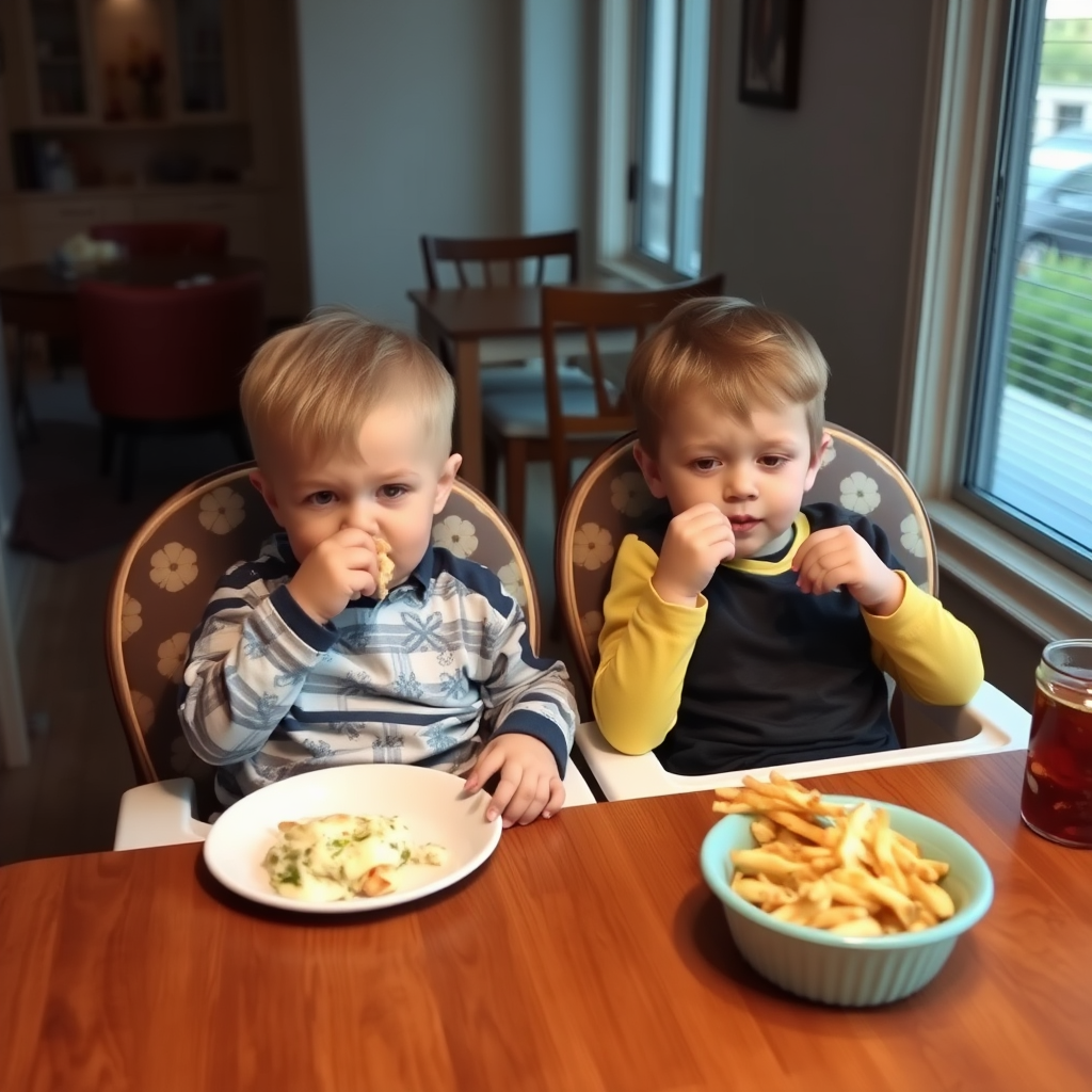 Boys Getting Fuller at Dinner Table
