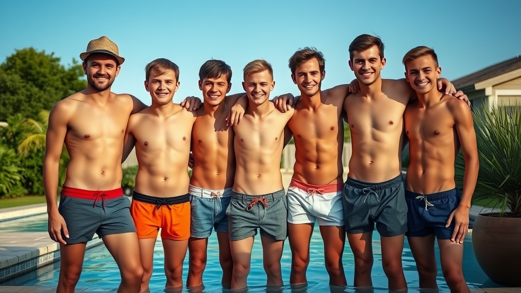 Boys in Swim Briefs by the Backyard Pool