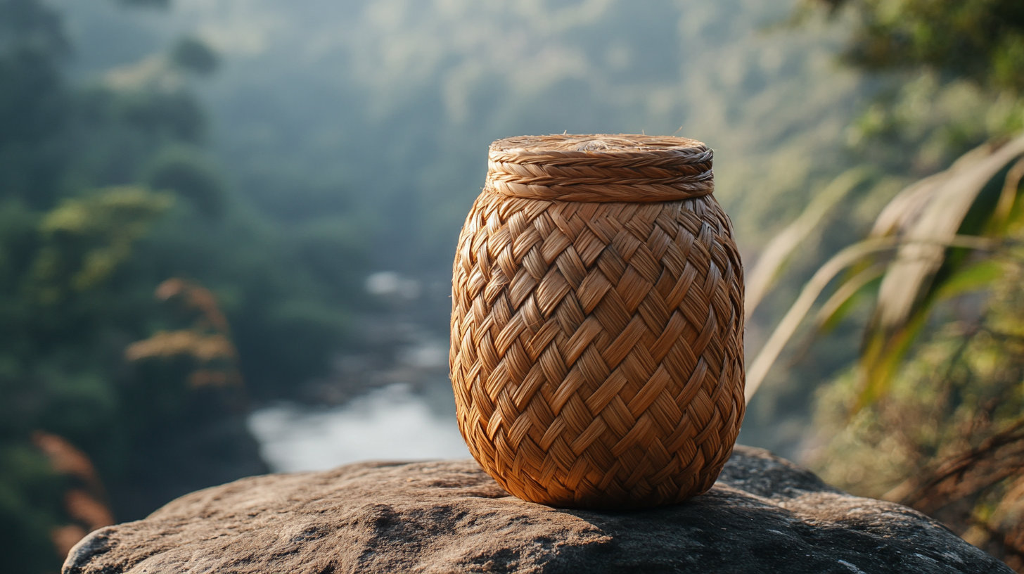 Braided corn husk jar on Brazilian rock with scenery.