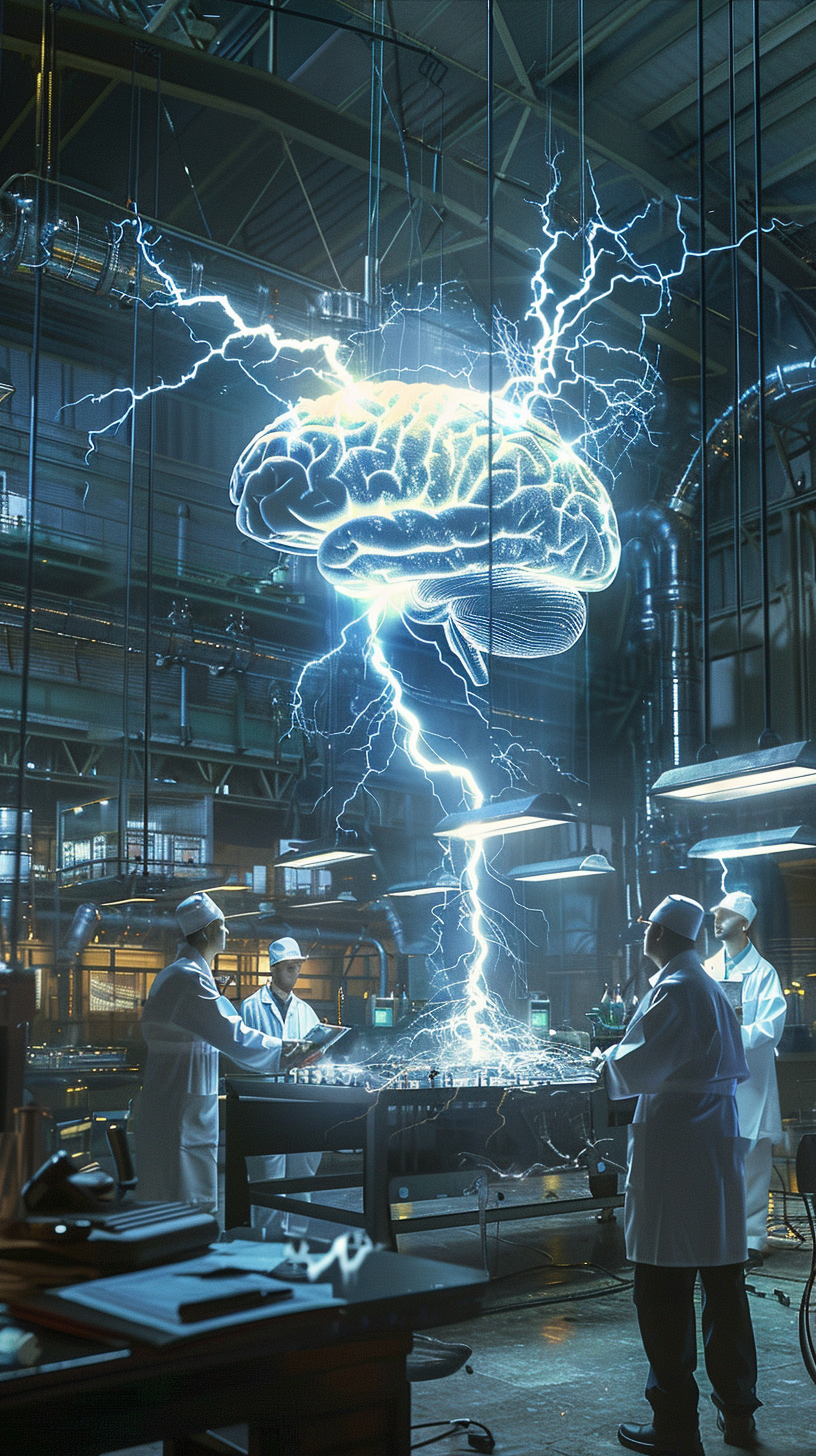 Brain in lab with lightning, scientists writing notes.