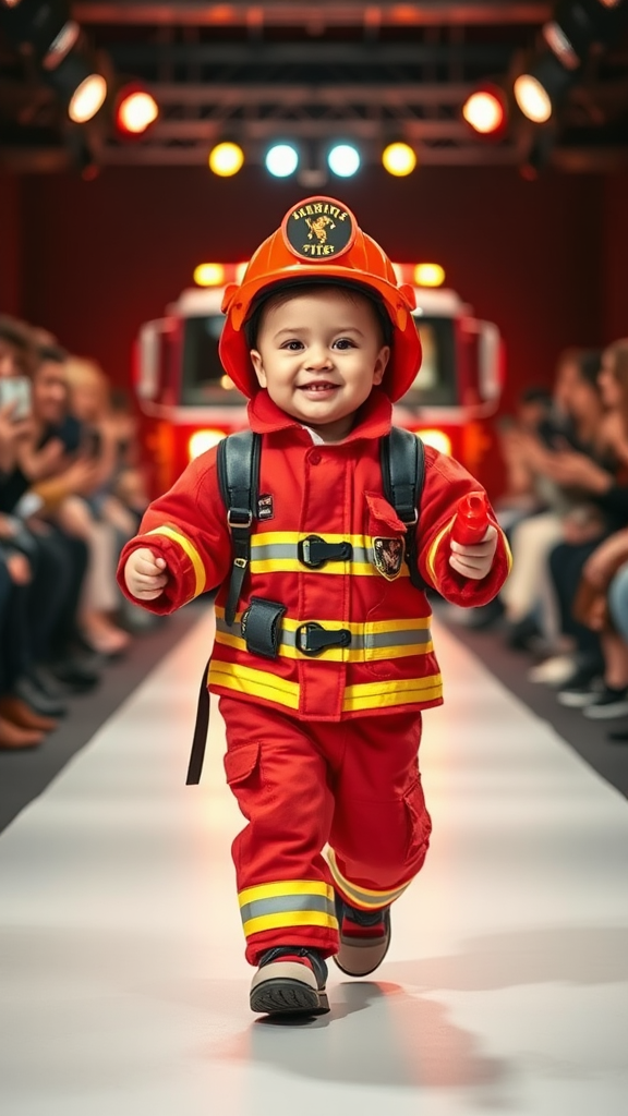 Brave Baby Firefighter Struts with Toy Tools