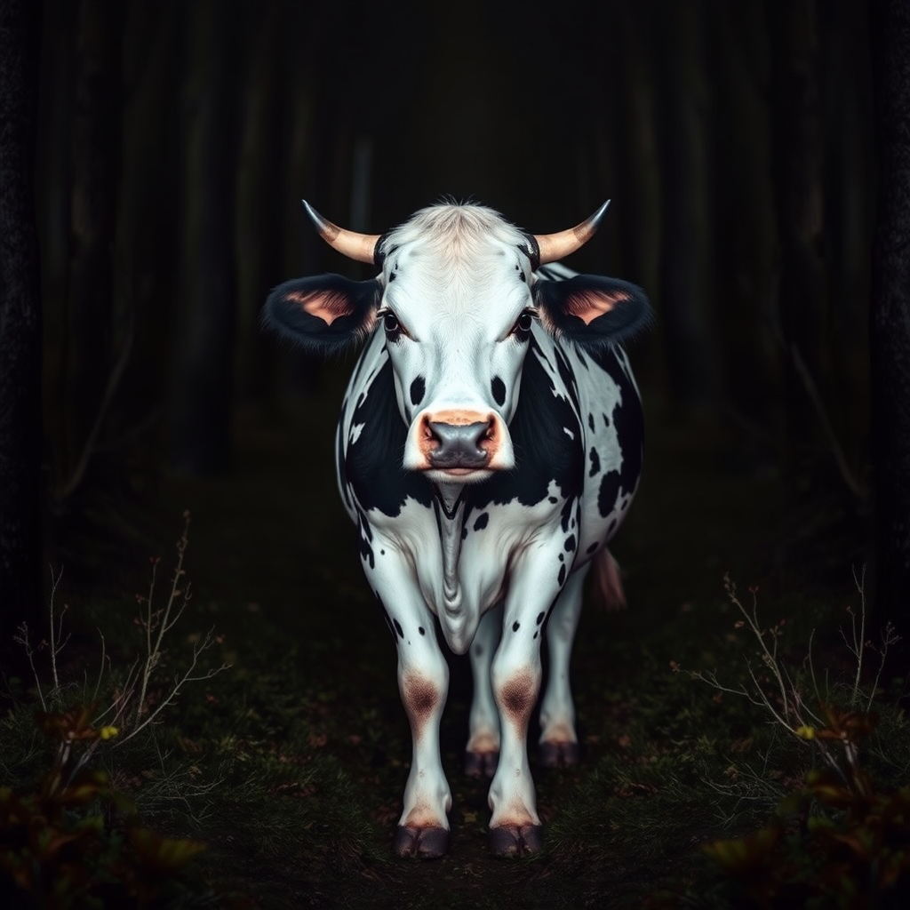 Brave Cow Olga Walks in Dark Forest