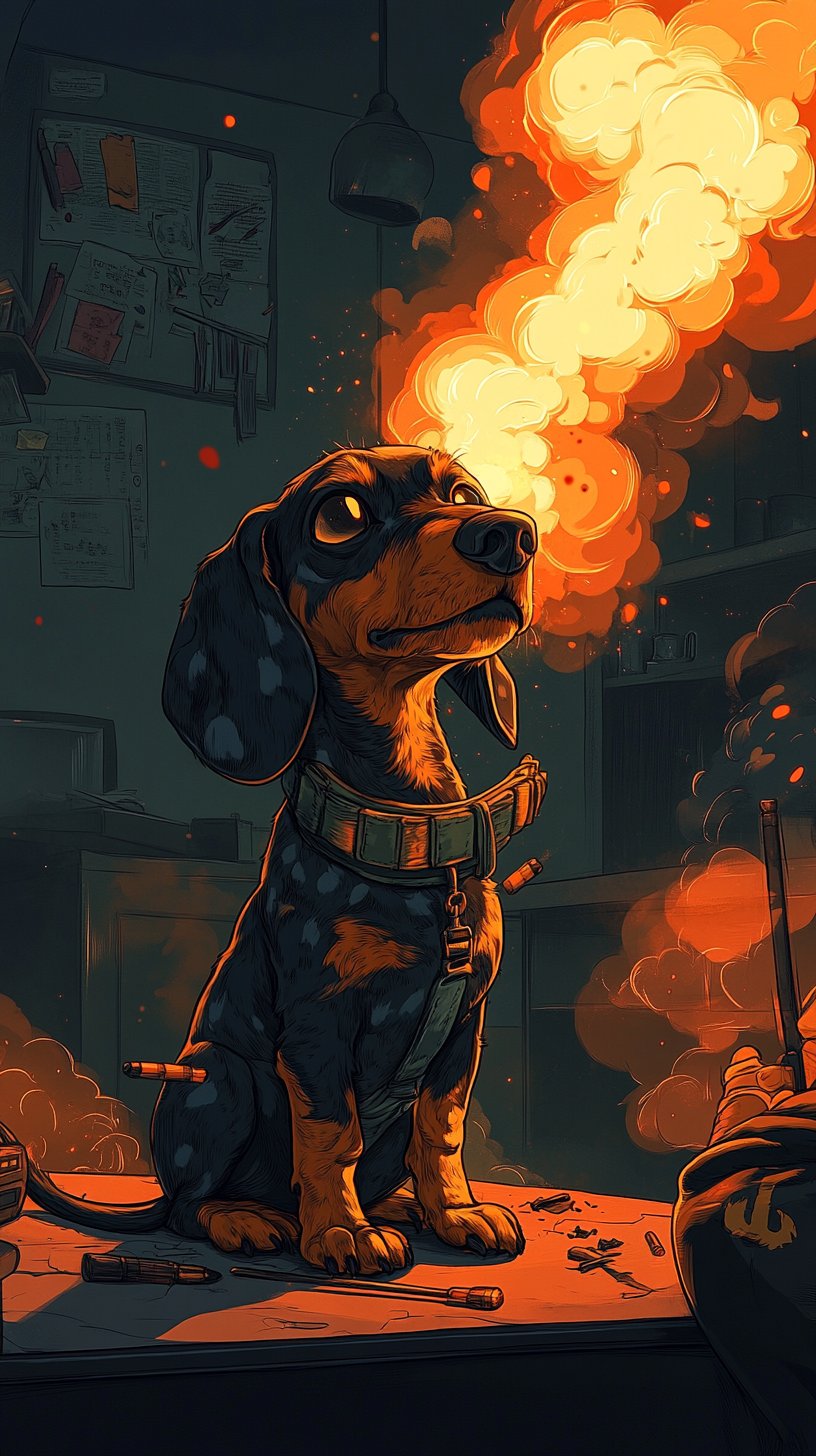 Brave Dachshund with Flamethrower in Destroyed Office