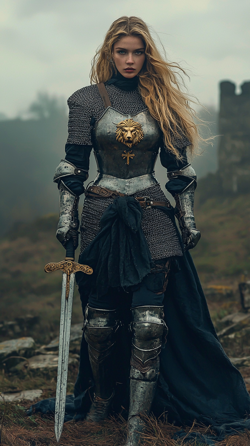 Brave English knightess with lion crest in countryside