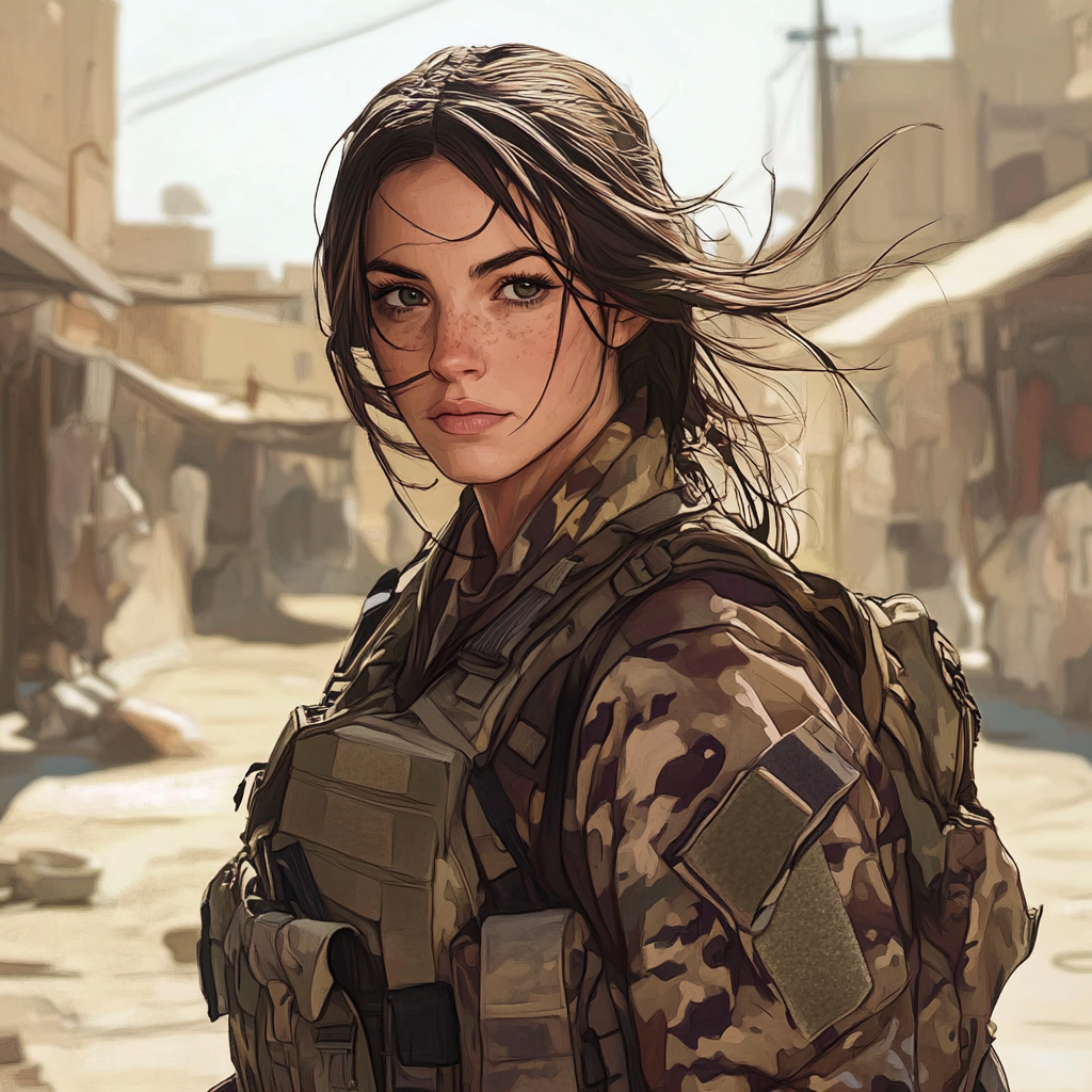 Brave Female Soldier in Urban Desert Market