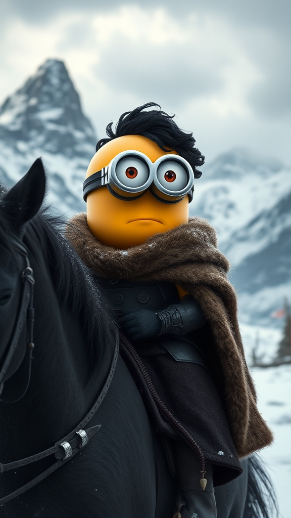 Brave Minion Warrior Riding Black Horse in Snowy Landscape.