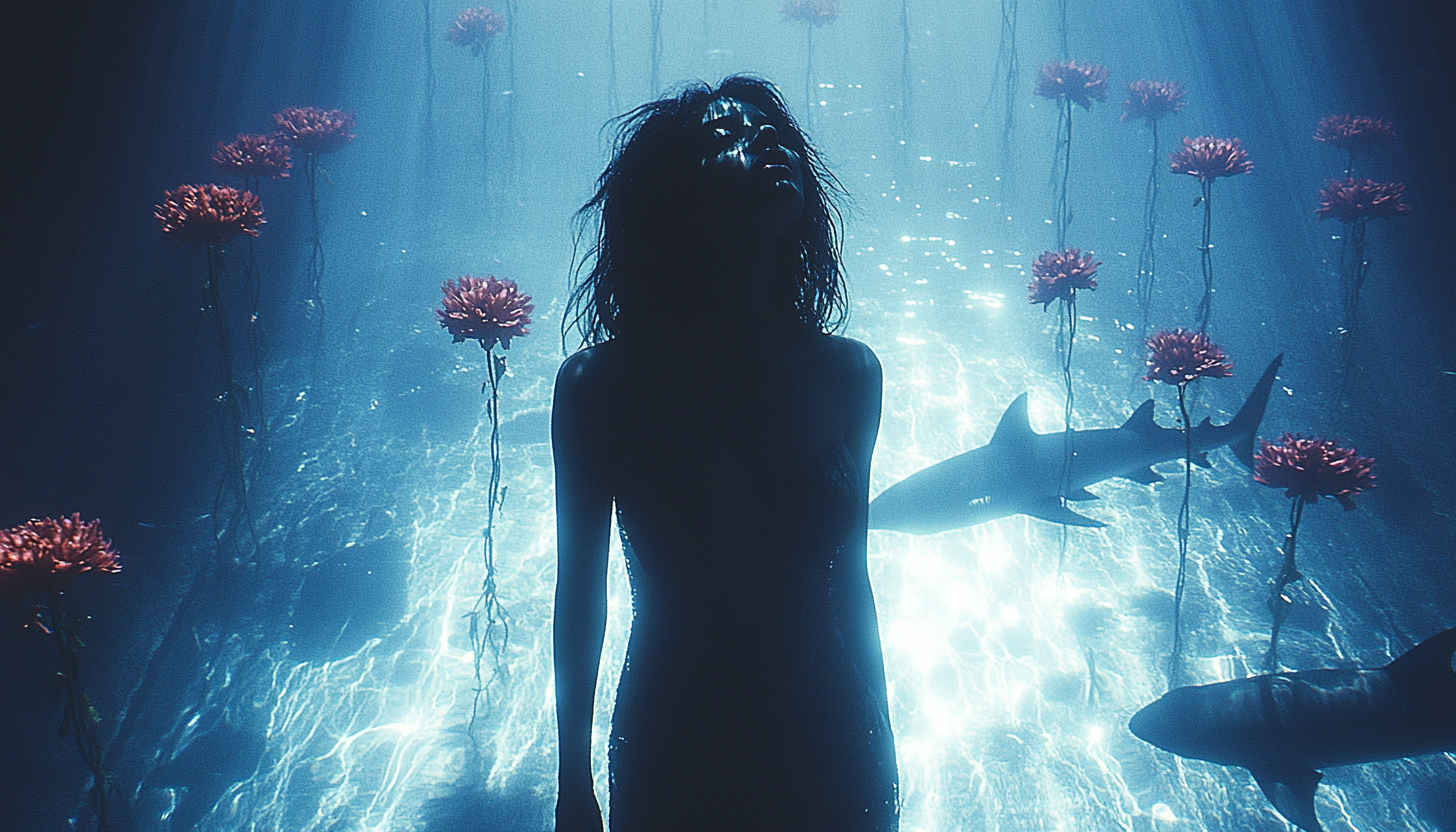 Brazilian woman in water with floating sharks and flowers