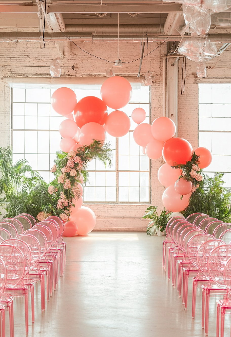 Bright Pink Balloons And Maroon Decor Wedding Ceremony