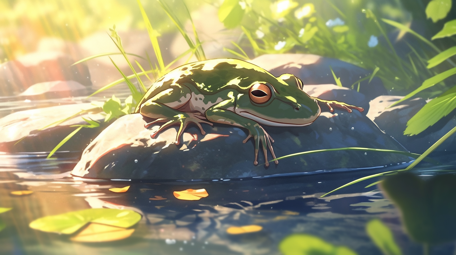 Bright green frog leaping on rock in pond