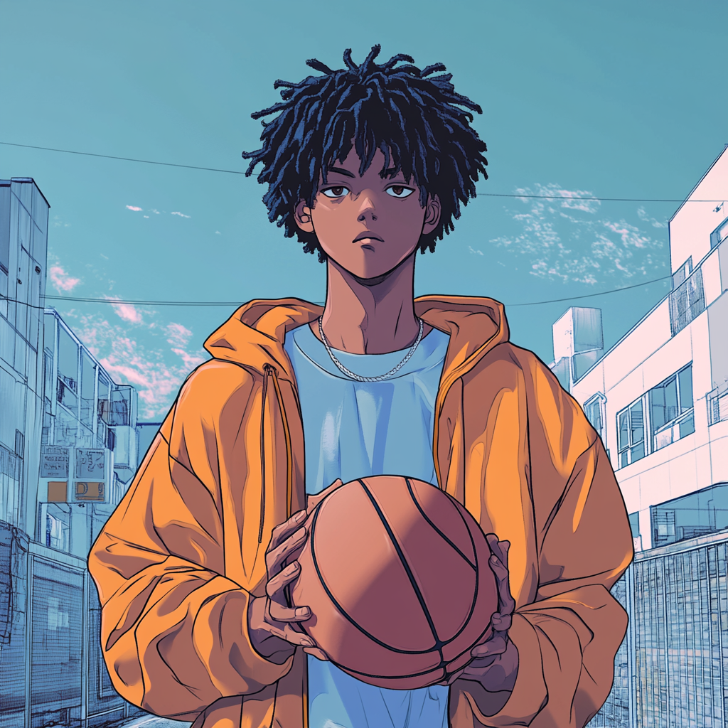 Bright young man holds basketball in anime setting.