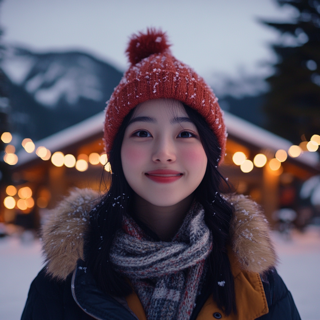 Brightly smiling Korean woman in snowy mountain cabin