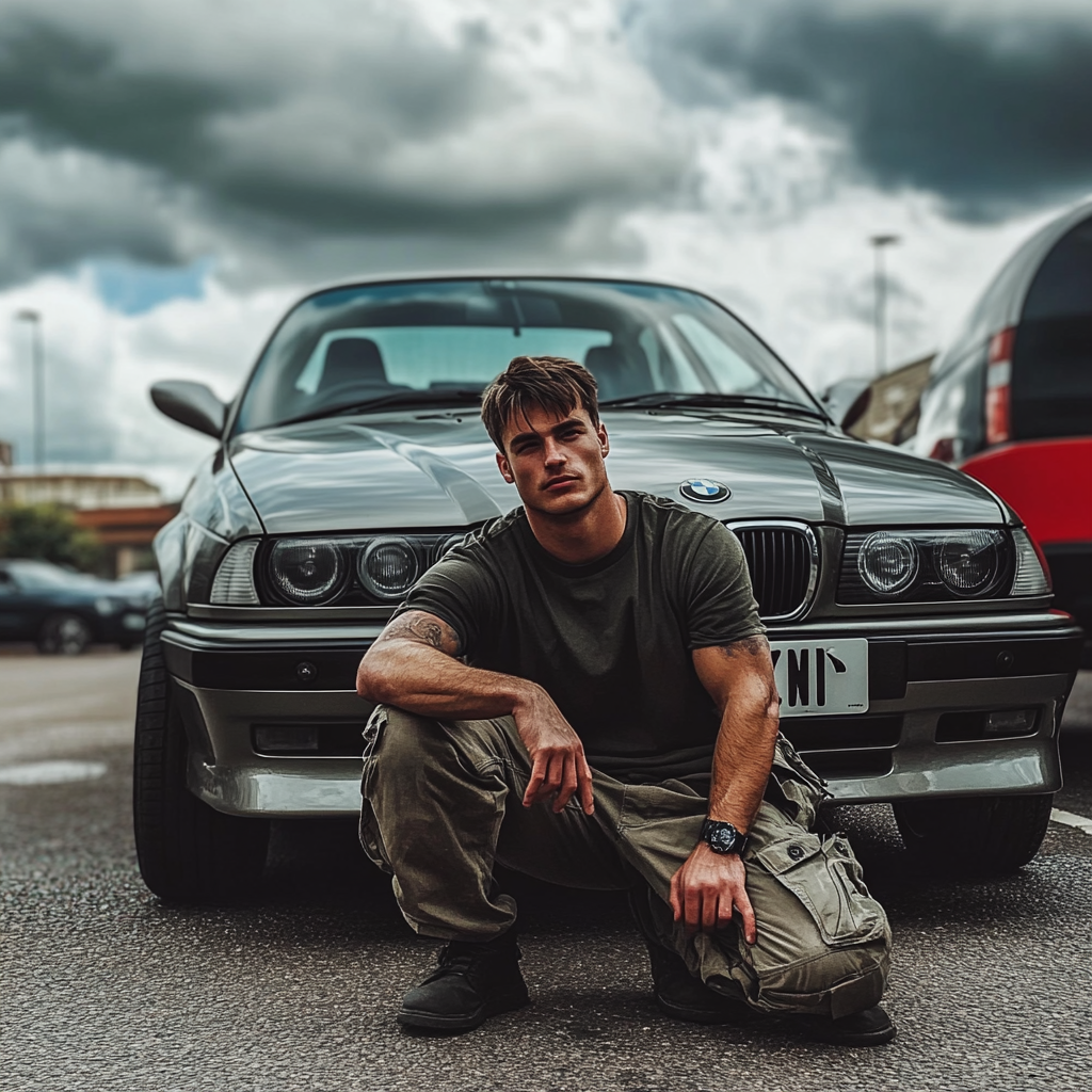 British man with BMW kneels by number plate.