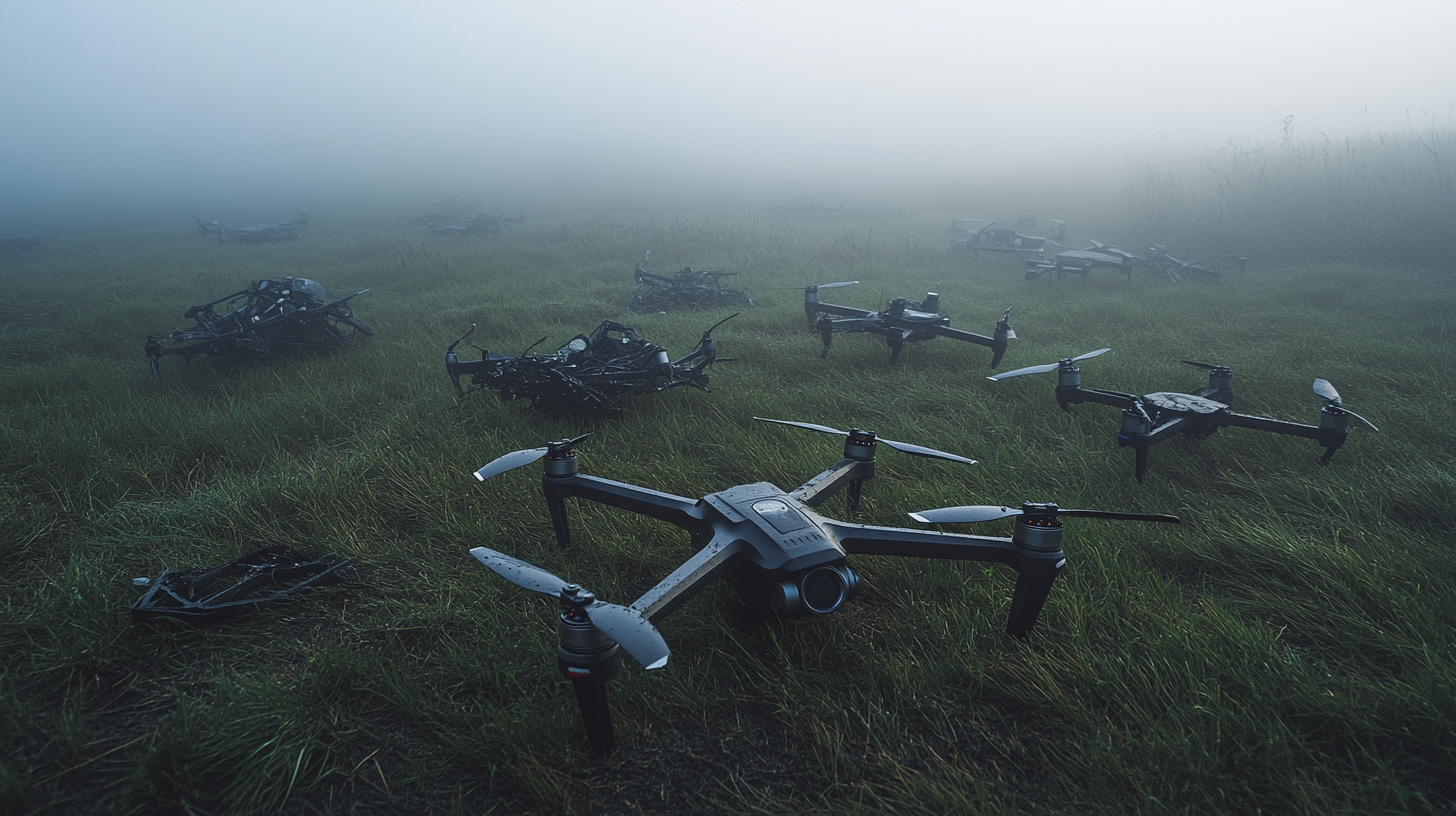 Broken Drone Graveyard in Foggy Field