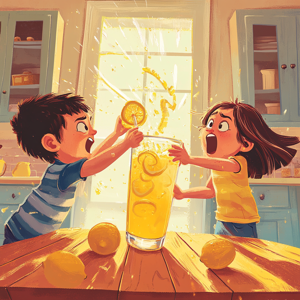 Brother and sister play fight for lemonade