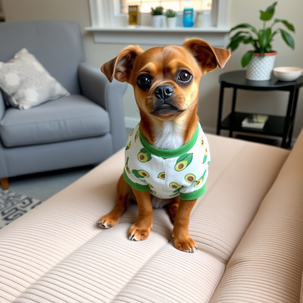 Brown Dog in Avocado Shirt on Beige Couch