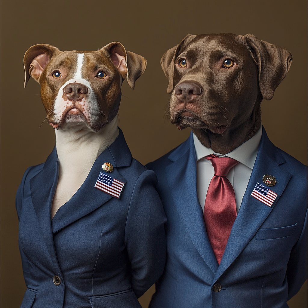 Brown pitbull in blue suit with chocolate labrador.