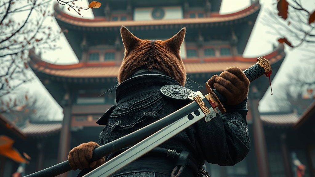 Brown samurai cat entering Chinese temple with bloody sword.