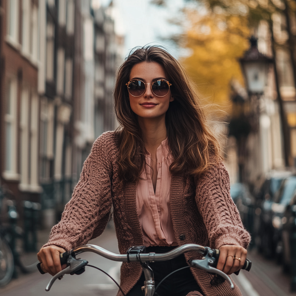 Brunette in pink blouse riding bike in Amsterdam, sunglasses.