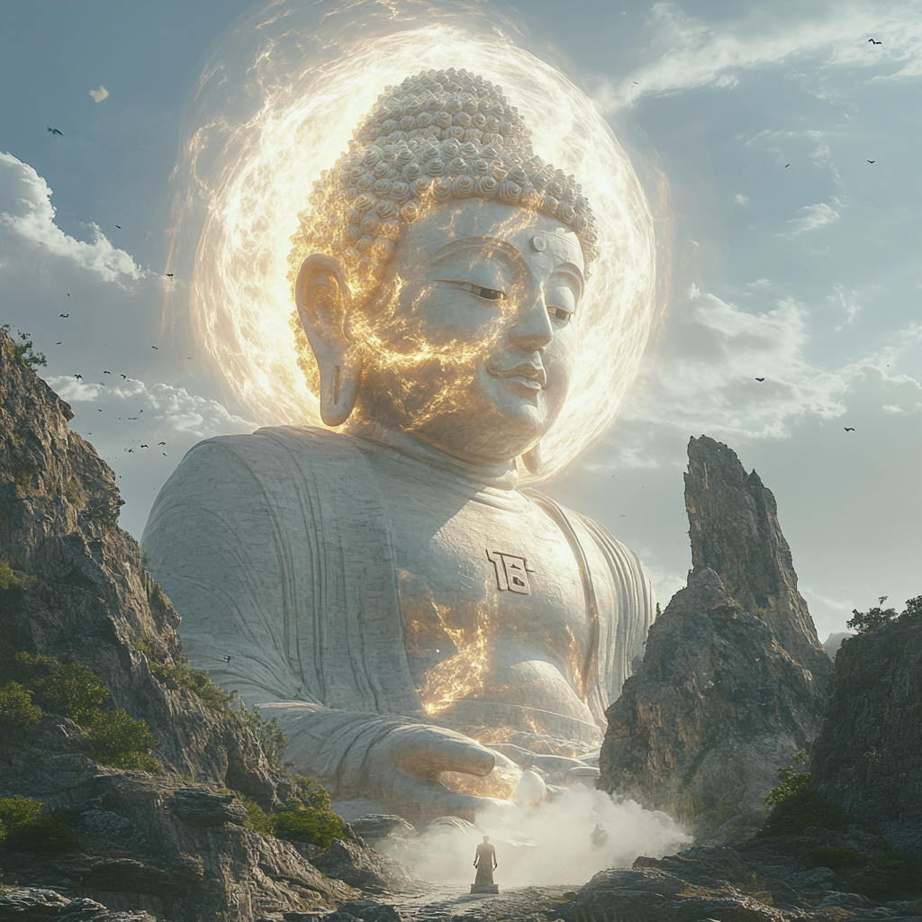 Buddha statue on mountain destroyed by white fireball.