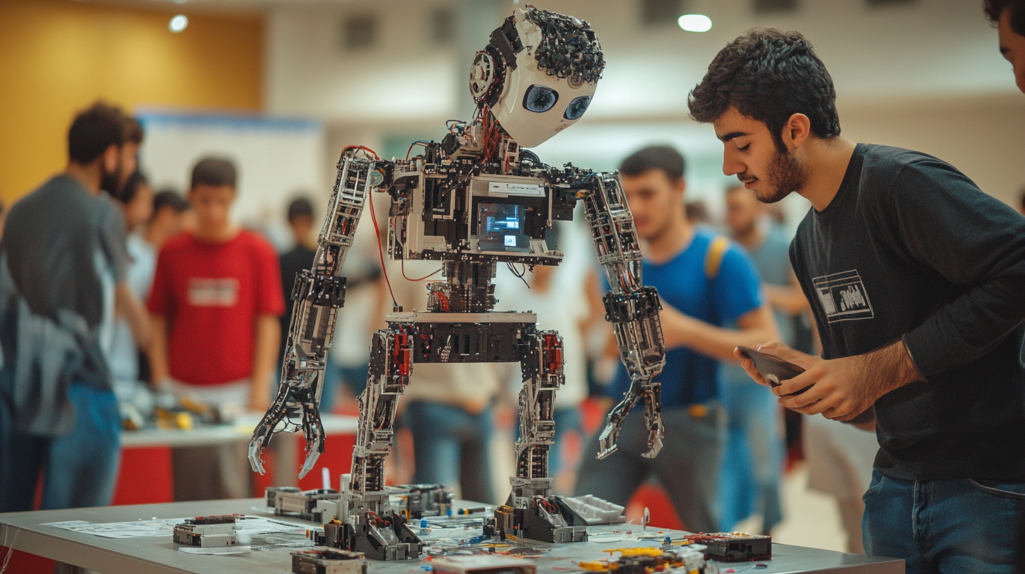 Building a robot in a robotics hall.