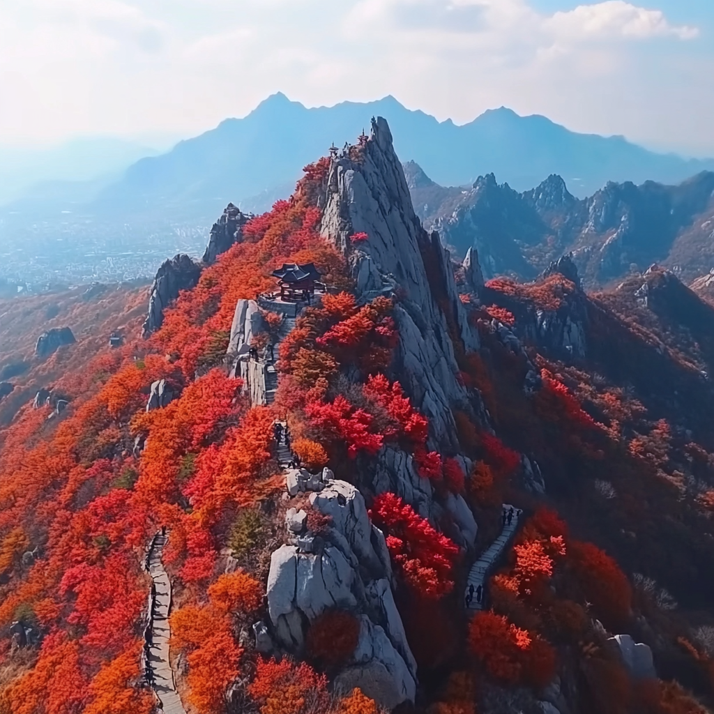 Bukhansan Mountain in Seoul with autumn leaves