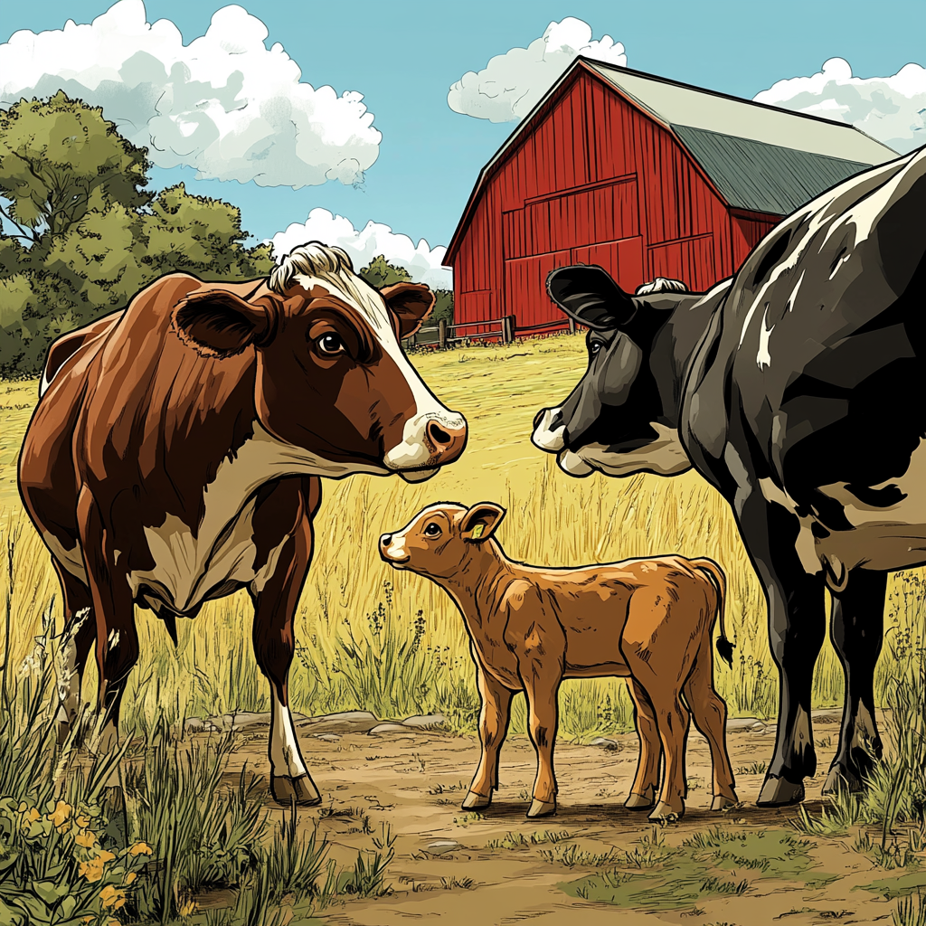 Bull, cows, and calf on farm with barn