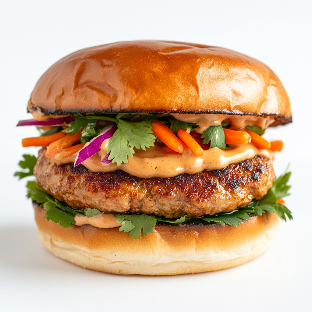 Burger with chicken patty, Thai peanut sauce