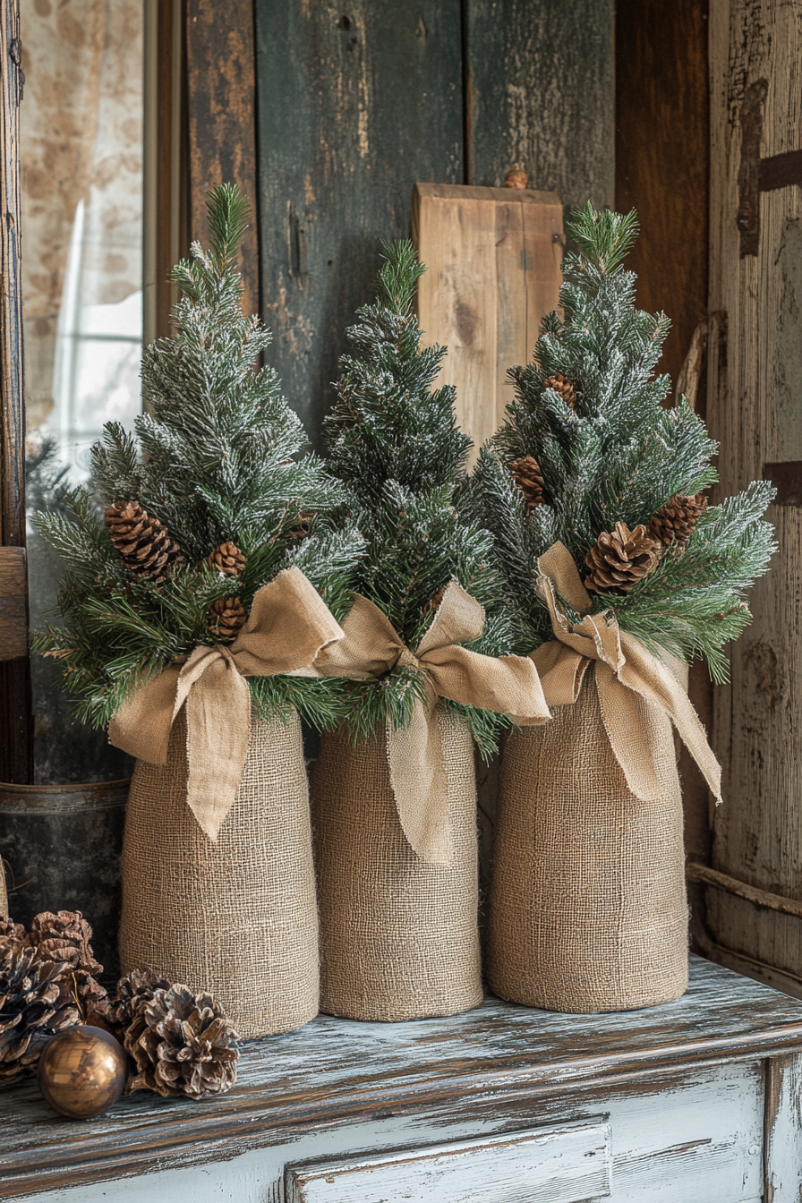 Burlap-Wrapped Mini Christmas Trees: Rustic Simplicity