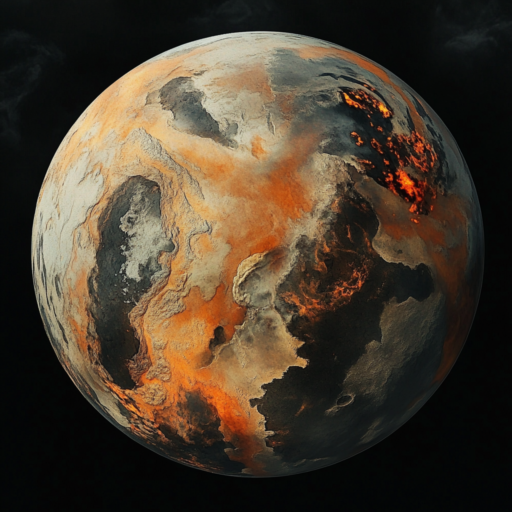 Burning Planet with Lava Rivers in Space