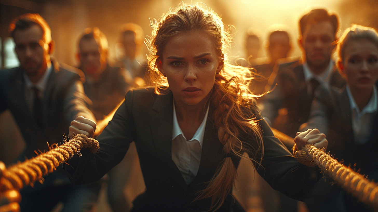 Business people in suits playing tug of war