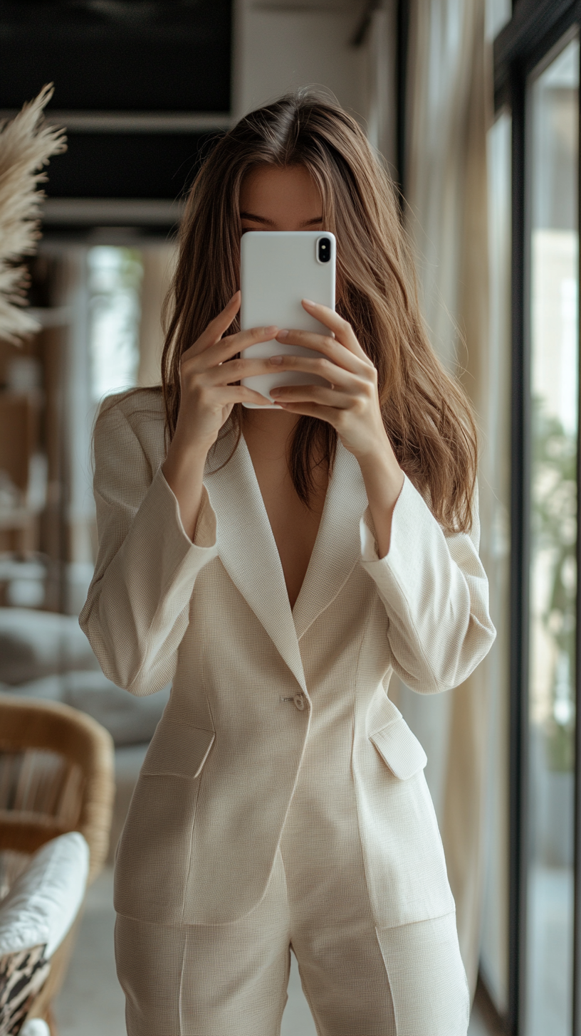 Businesswoman taking photo with iPad in bright office