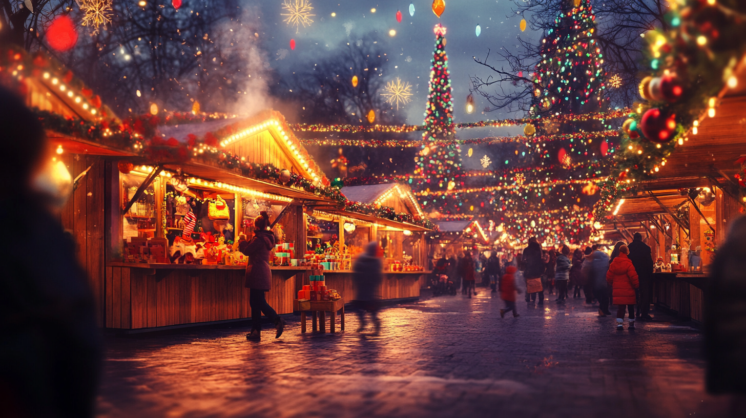 Bustling Christmas Market with Colorful Lights and Stalls