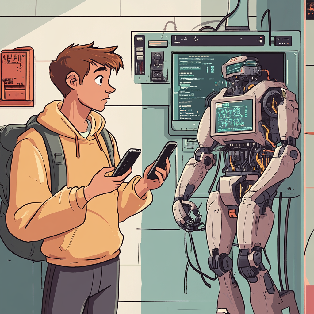 Busy Boy with Two Phones and Robot Assistant