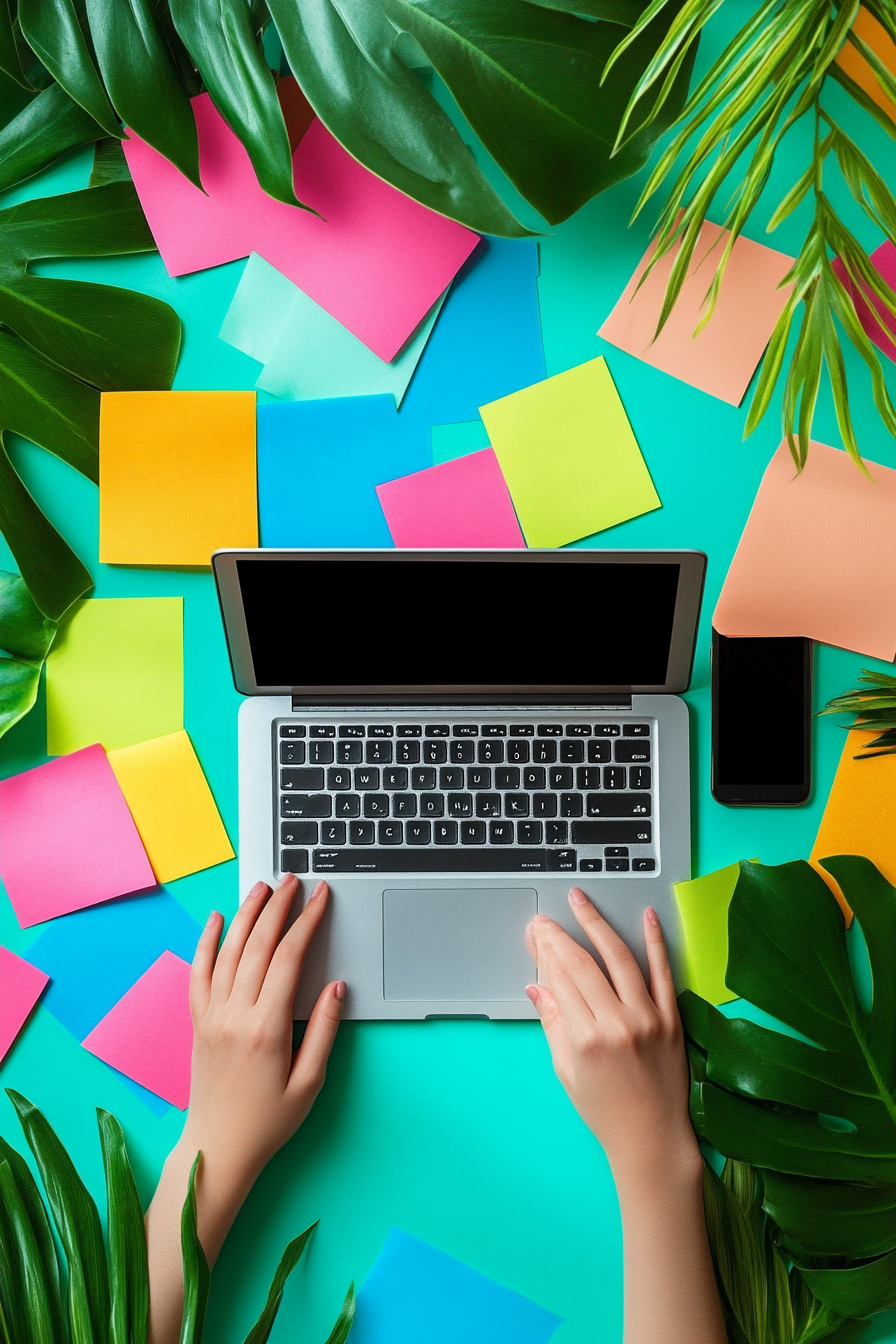 Busy Freelancer's Workspace with Devices and Sticky Notes.