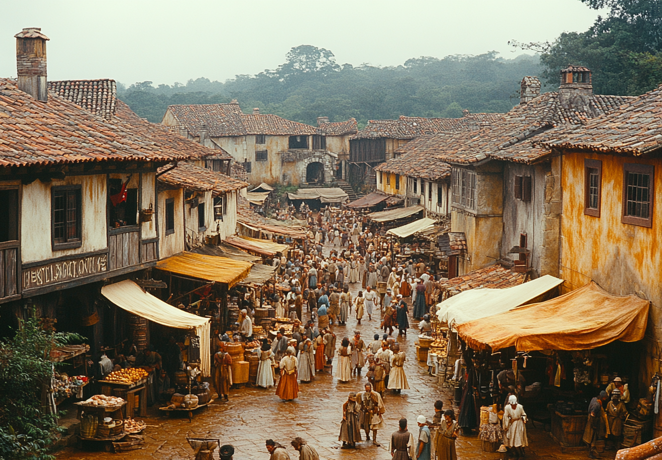 Busy Medieval Market in Viking Settlement, 1540's Brazil